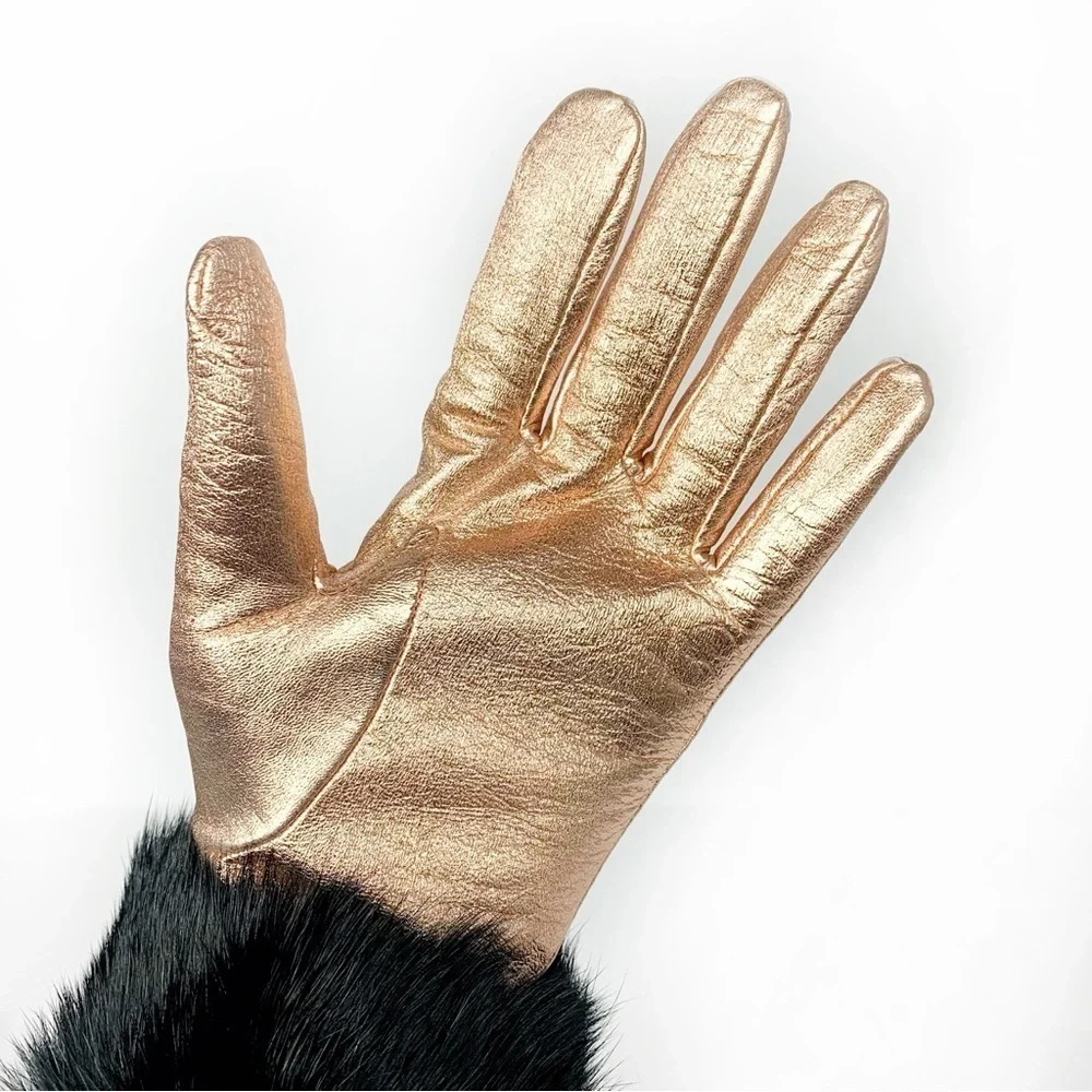 Rose Gold Leather Gloves With Plush Fur Cuffs Size 7